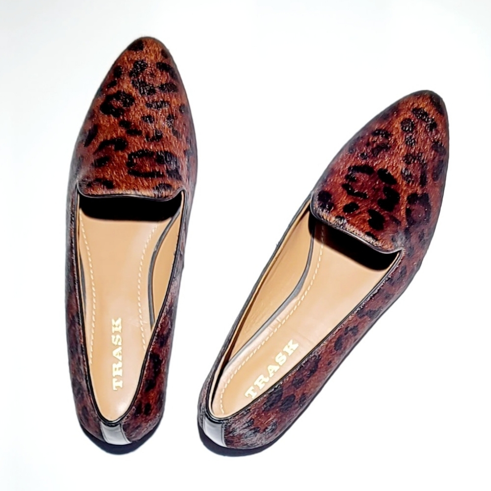 TRASK Genuine calf hair animal leopard print leather loafers size 10 new!